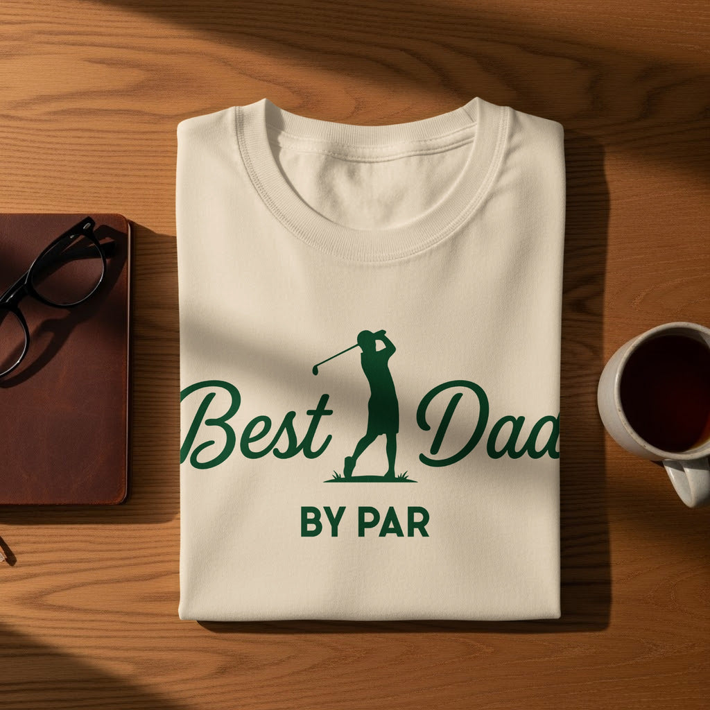 Cream t-shirt with "Best Dad By Par" graphic and golfer silhouette.