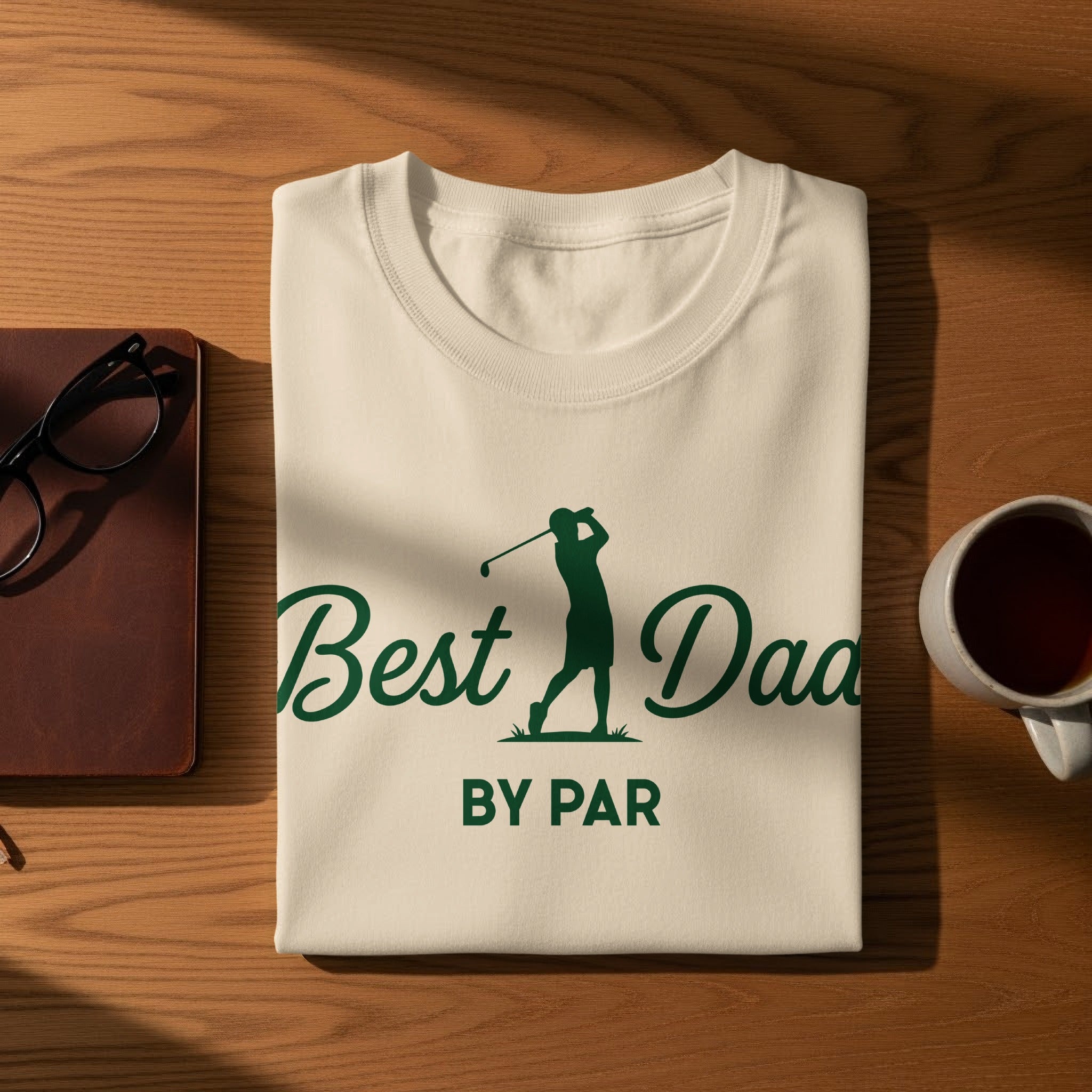 Cream t-shirt with "Best Dad By Par" graphic and golfer silhouette.