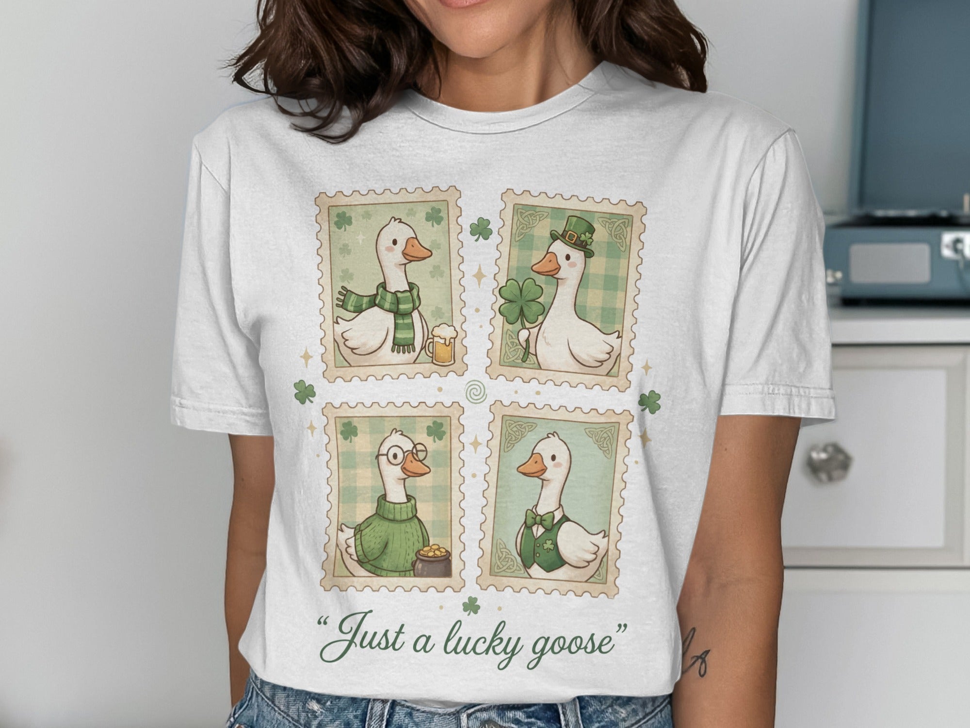 Just a lucky goose St Patricks Day Shamrocks Geese Stamps product type