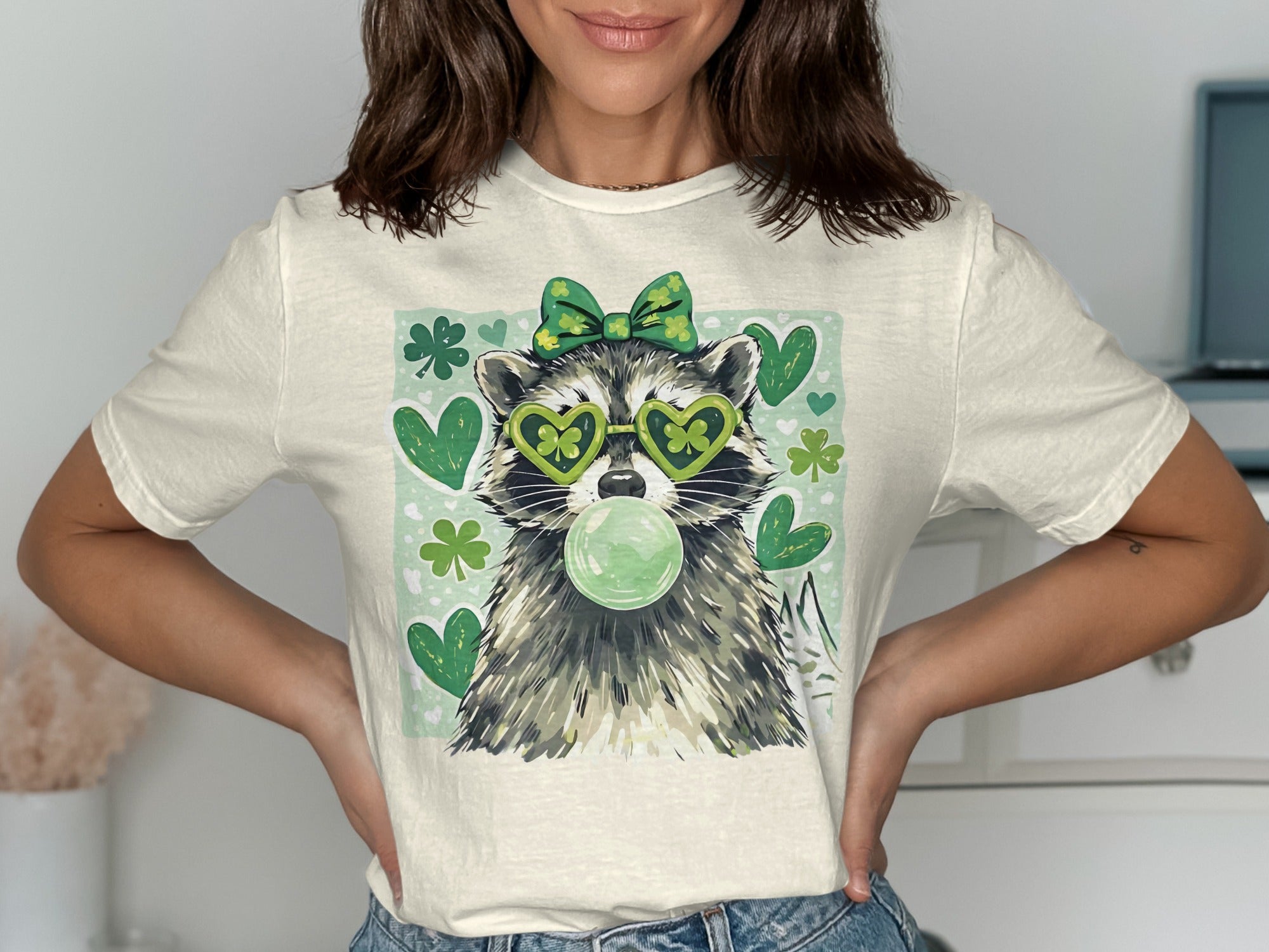 Raccoon Green Shamrock Glasses Bubblegum Heart Bow product type
Raccoon, Shamrock, St Patricks Day, Green, Heart Glasses, Bubblegum, Cute Raccoon, Animal Graphic, Lucky Design, St Paddys Day, Clover, Cartoon, Fun Apparel, Unique Print, Green Bow, Animal Lover, Festive, Irish Theme, Fashion, Gift Idea