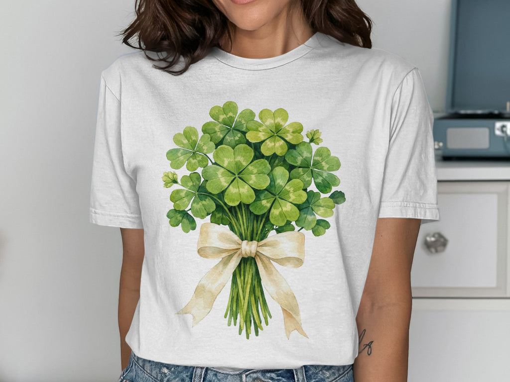 Lucky Clover Bouquet Bow St Patricks Day T-Shirt product type
Clover, Four Leaf Clover, Lucky Charm, St Patricks Day, Shamrock, Green Design, Botanical Art, Irish Heritage, Good Fortune, Festive Apparel, Holiday Theme, Spring Season, Nature Inspired, Unique Gift, Graphic Tee, Plant Lover, Lucky Print, Celebration Top, Watercolor Art, Bouquet Design