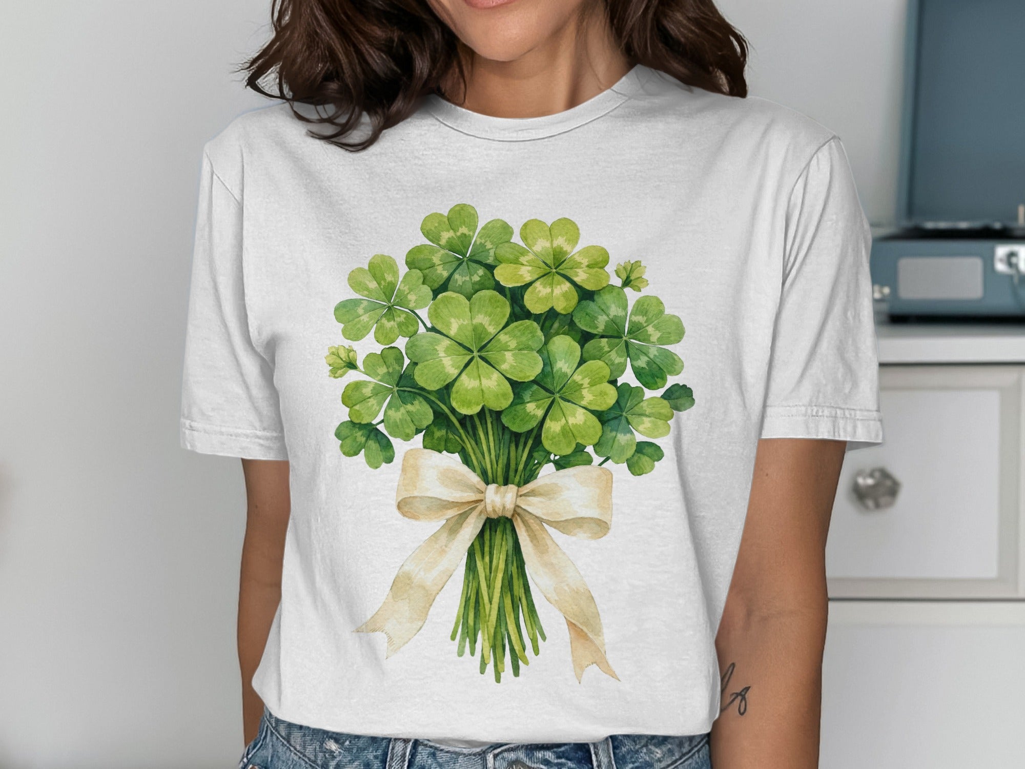 Lucky Clover Bouquet Bow St Patricks Day T-Shirt product type
Clover, Four Leaf Clover, Lucky Charm, St Patricks Day, Shamrock, Green Design, Botanical Art, Irish Heritage, Good Fortune, Festive Apparel, Holiday Theme, Spring Season, Nature Inspired, Unique Gift, Graphic Tee, Plant Lover, Lucky Print, Celebration Top, Watercolor Art, Bouquet Design