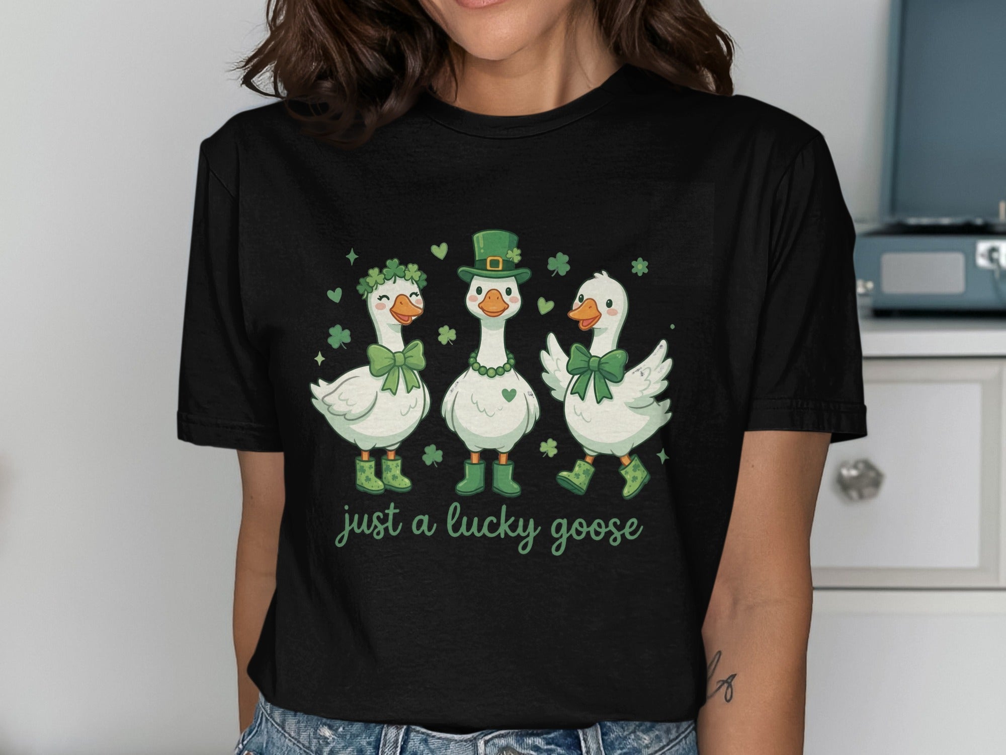 Just a lucky goose three geese St Patricks Day shamrock green product type