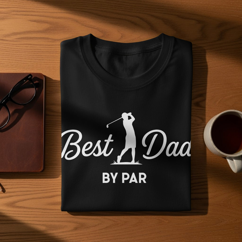 Black t-shirt with "Best Dad BY PAR" and golfer silhouette design.
