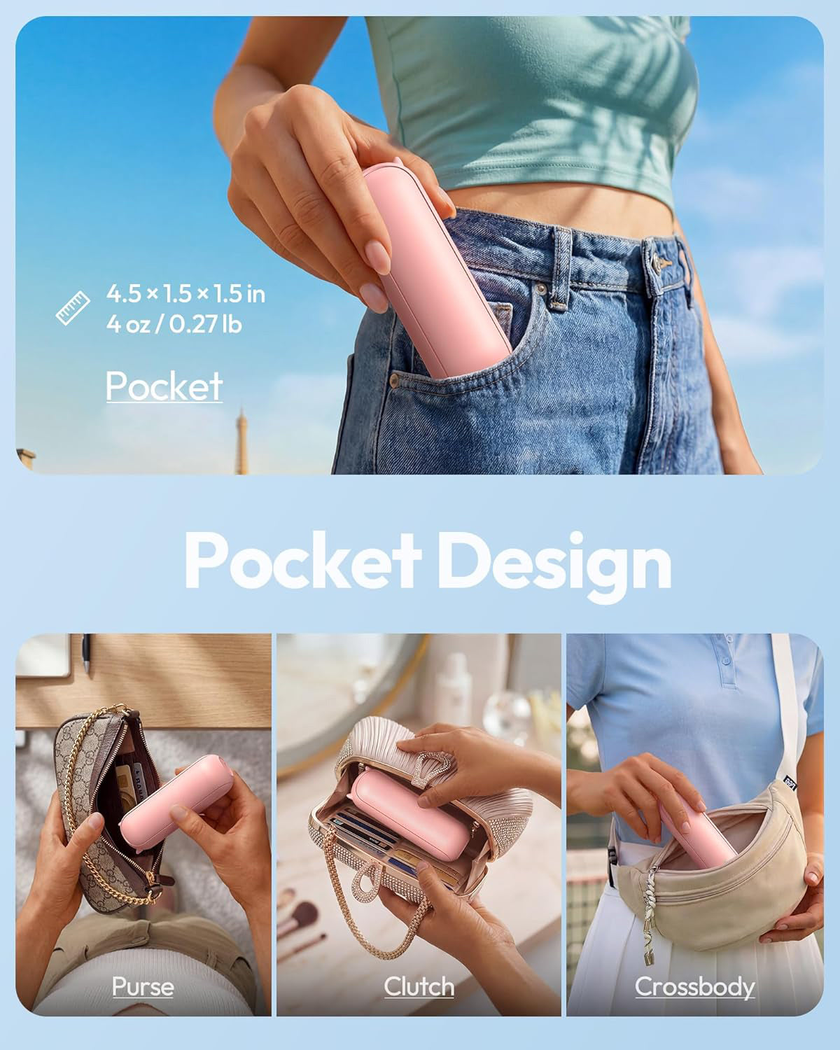 Pocket design — fits purse, clutch and crossbody