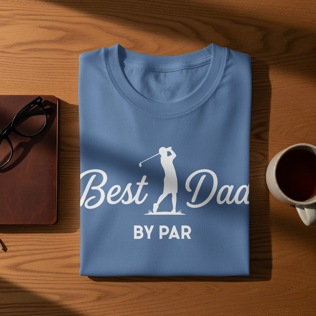 Blue t-shirt with "Best Dad By Par" text and golf silhouette.