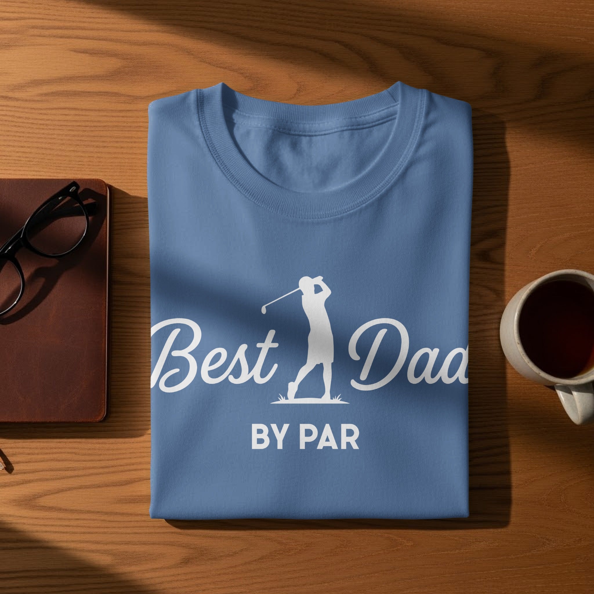 Blue t-shirt with "Best Dad By Par" text and golf silhouette.