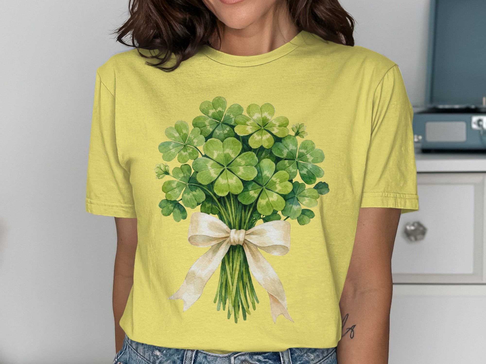 Lucky Clover Bouquet Cream Bow Green Clovers Unique product type
Clover
Shamrock
Four Leaf Clover
Lucky Charm
Lucky
Bouquet
Ribbon Bow
Green Design
Nature Print
St Patricks Day
Ireland Symbol
Spring Theme
Botanical Art
Watercolor Style
Plant Graphic
Good Fortune
Foliage Print
Leafy Design
Unique Gift
Celebration Wear