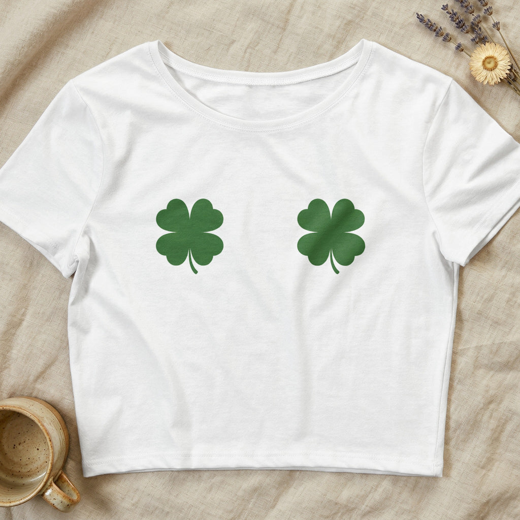 White Crop Top Two Green Lucky Clovers Design product type