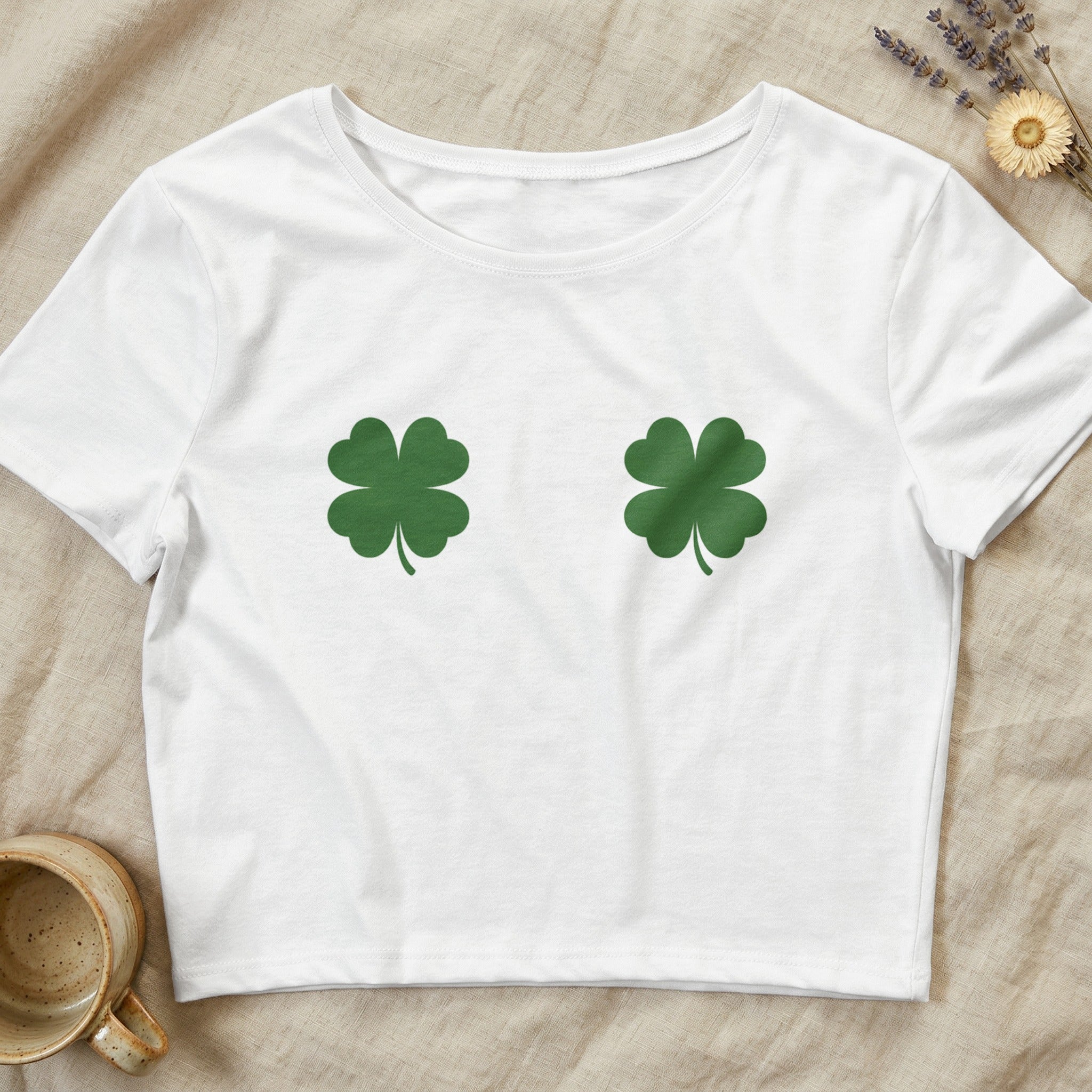 White Crop Top Two Green Lucky Clovers Design product type