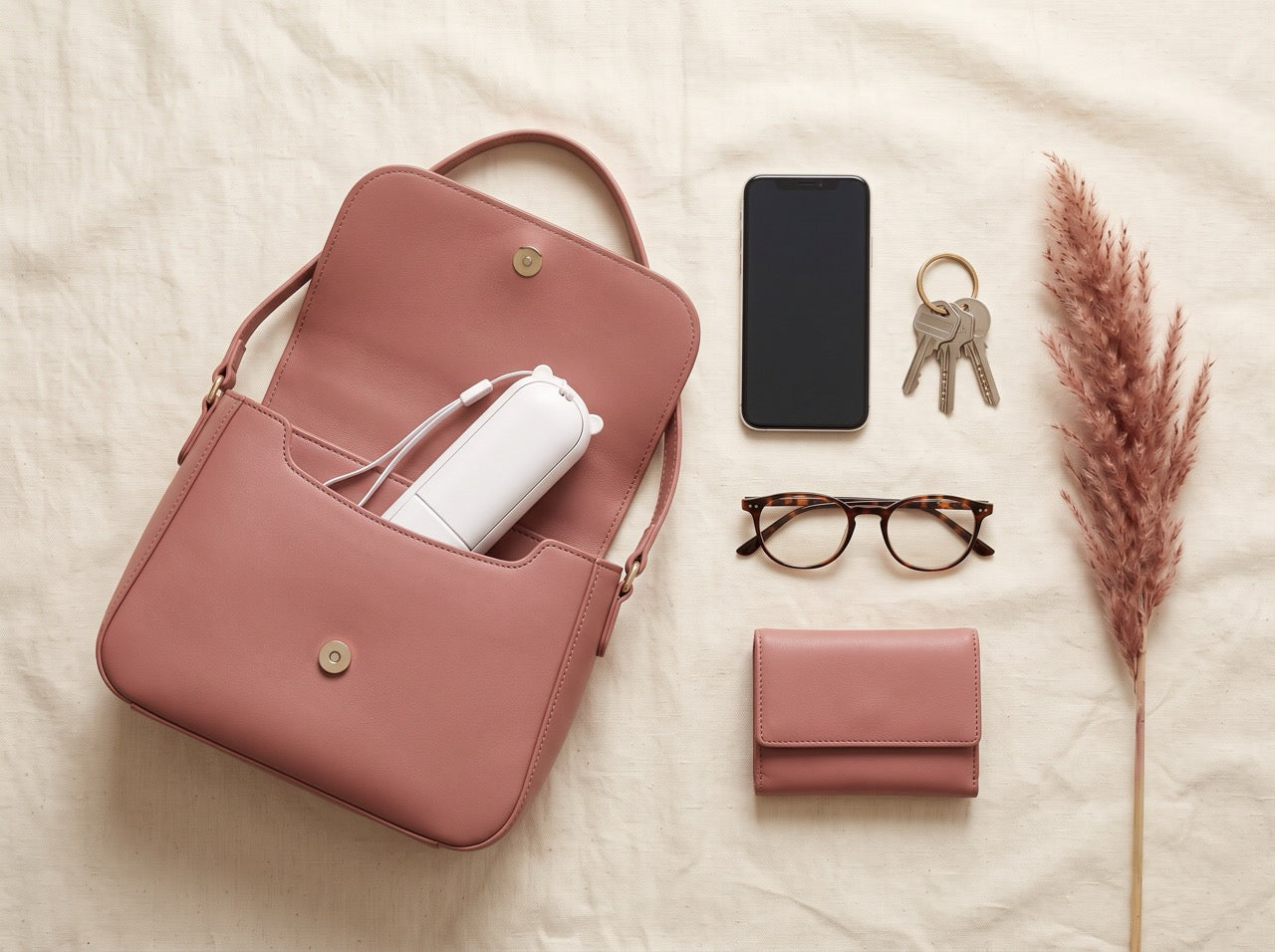 Folded BreezeLite beside a phone, keys, glasses and wallet