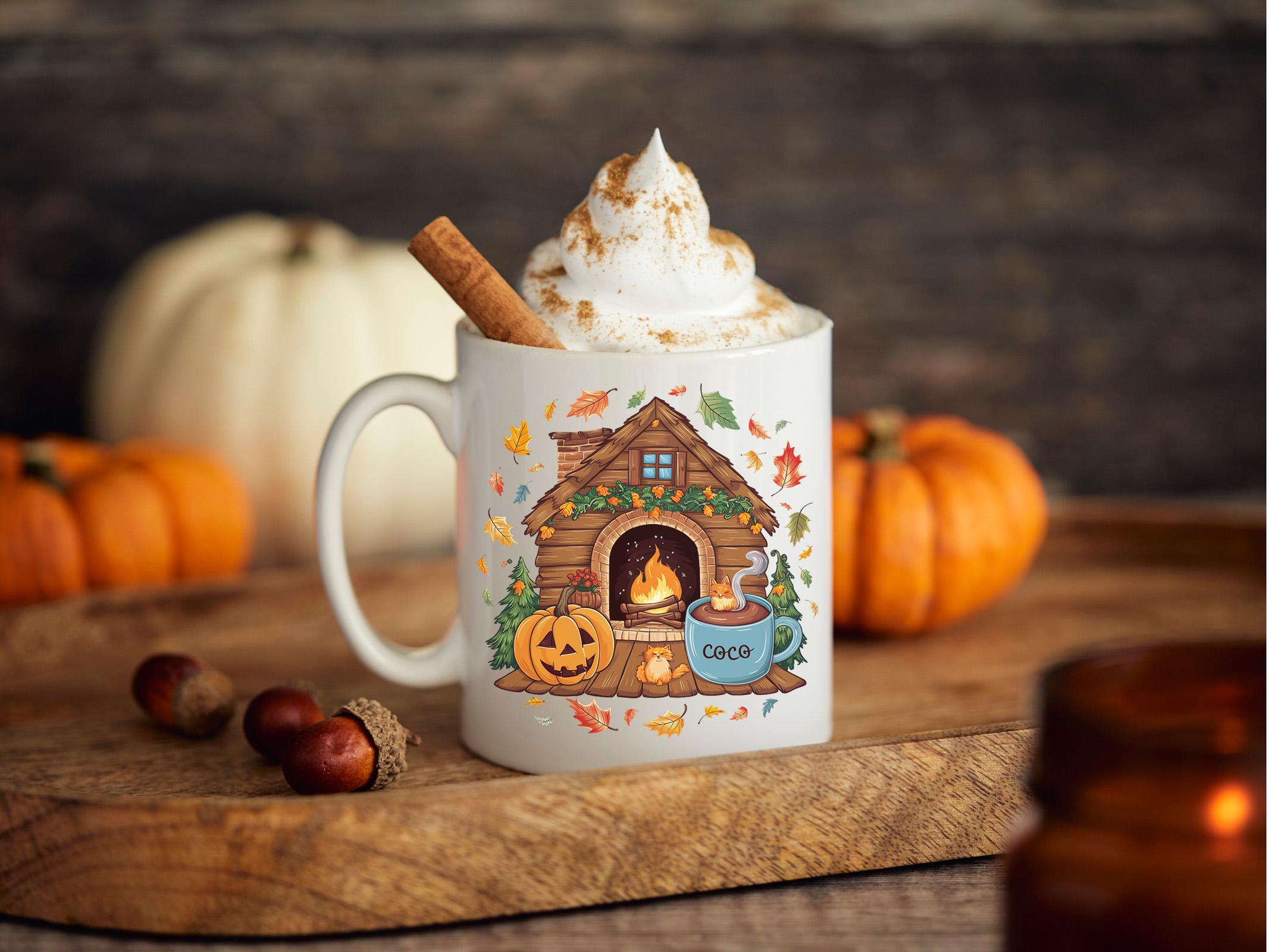 Cozy Cabin Fall Mug with Pumpkin and Cat | Autumn Hot Cocoa Coffee Cup | Cute Halloween Decor Gift Idea