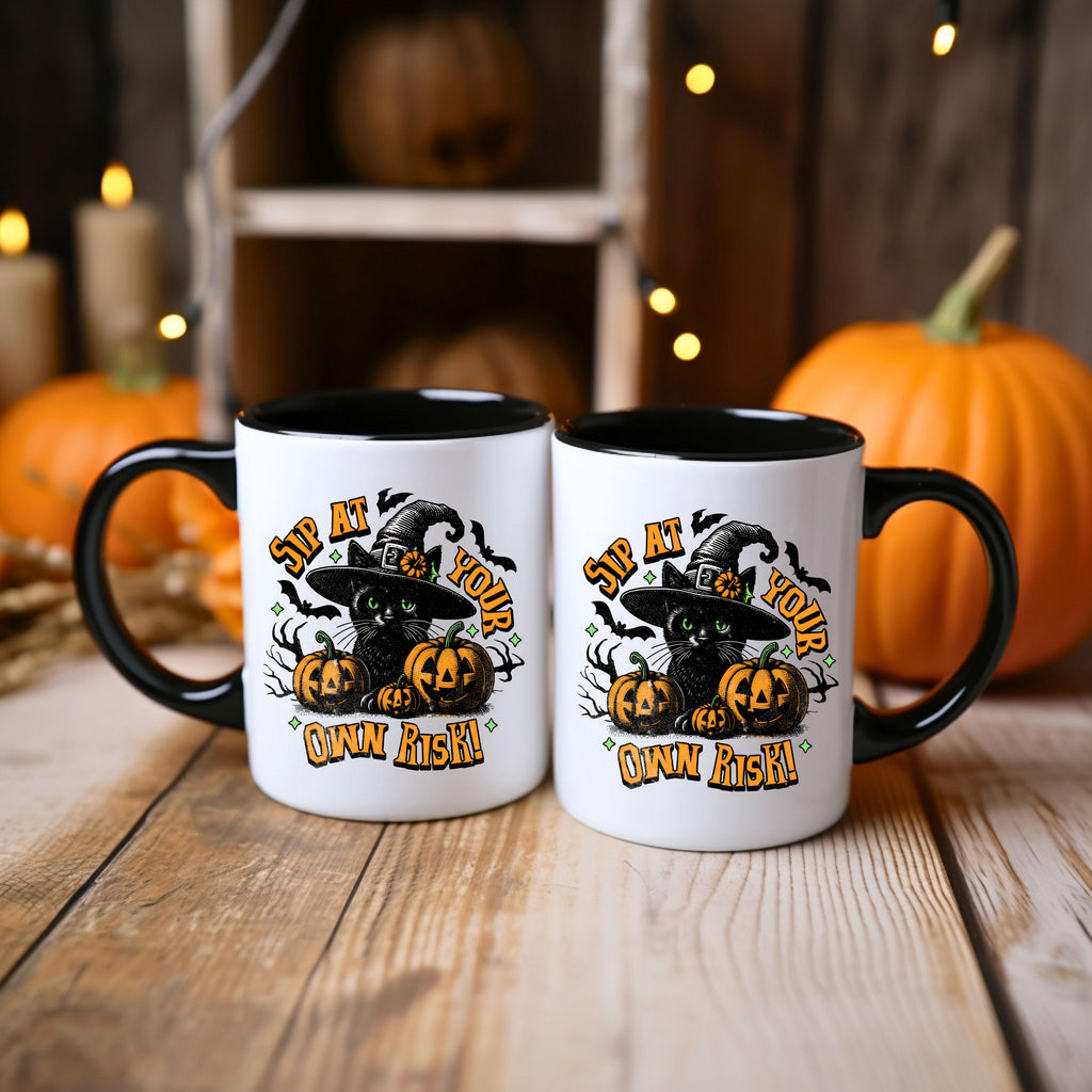 Spooky Cat Fall Halloween Mug - Halloween Coffee Decor Gift - Black Cat Mug for Autumn & Halloween Decorations - Cats Lover
