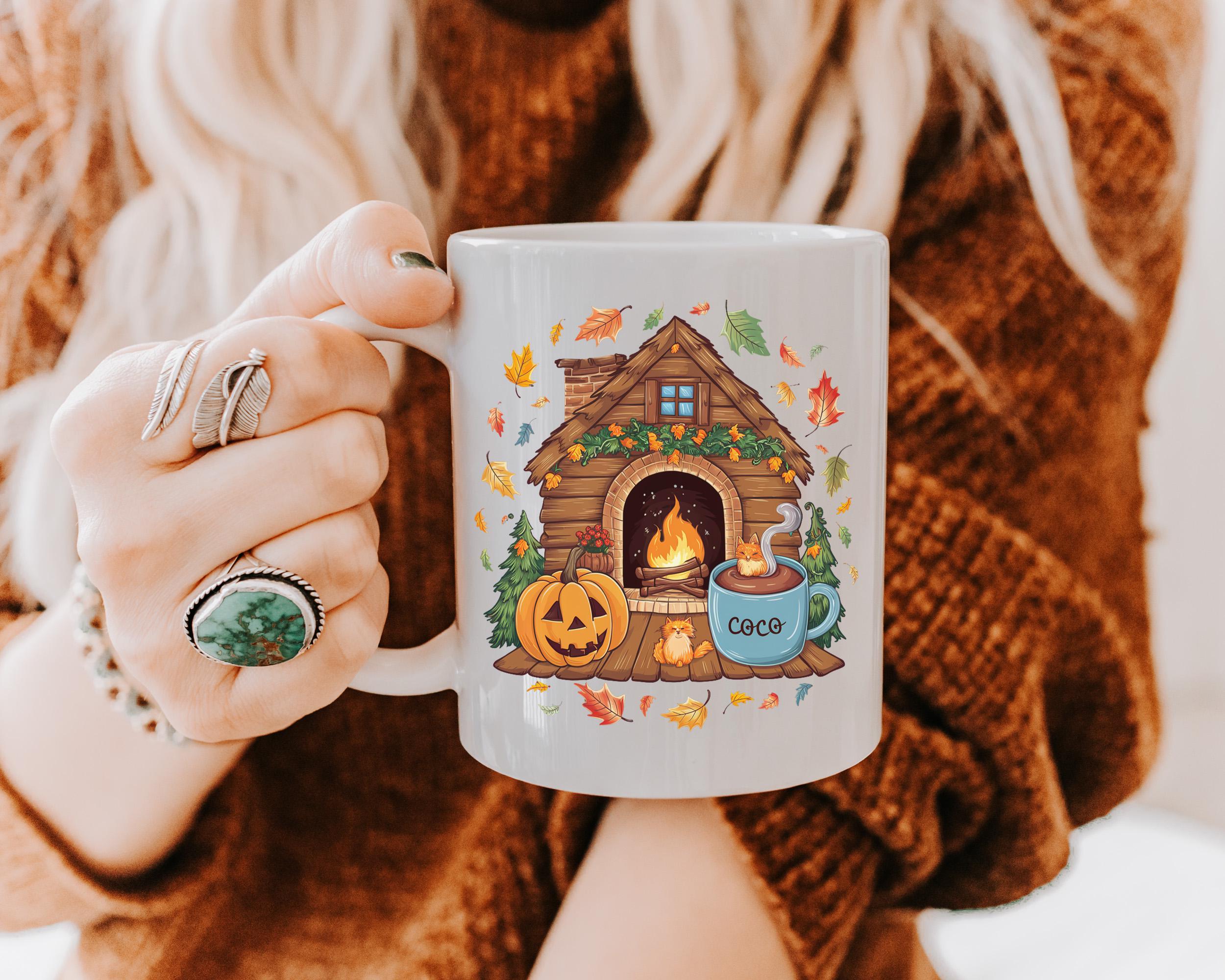 Cozy Cabin Fall Mug with Pumpkin and Cat | Autumn Hot Cocoa Coffee Cup | Cute Halloween Decor Gift Idea