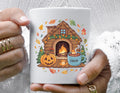 Cozy Cabin Fall Mug with Pumpkin and Cat | Autumn Hot Cocoa Coffee Cup | Cute Halloween Decor Gift Idea