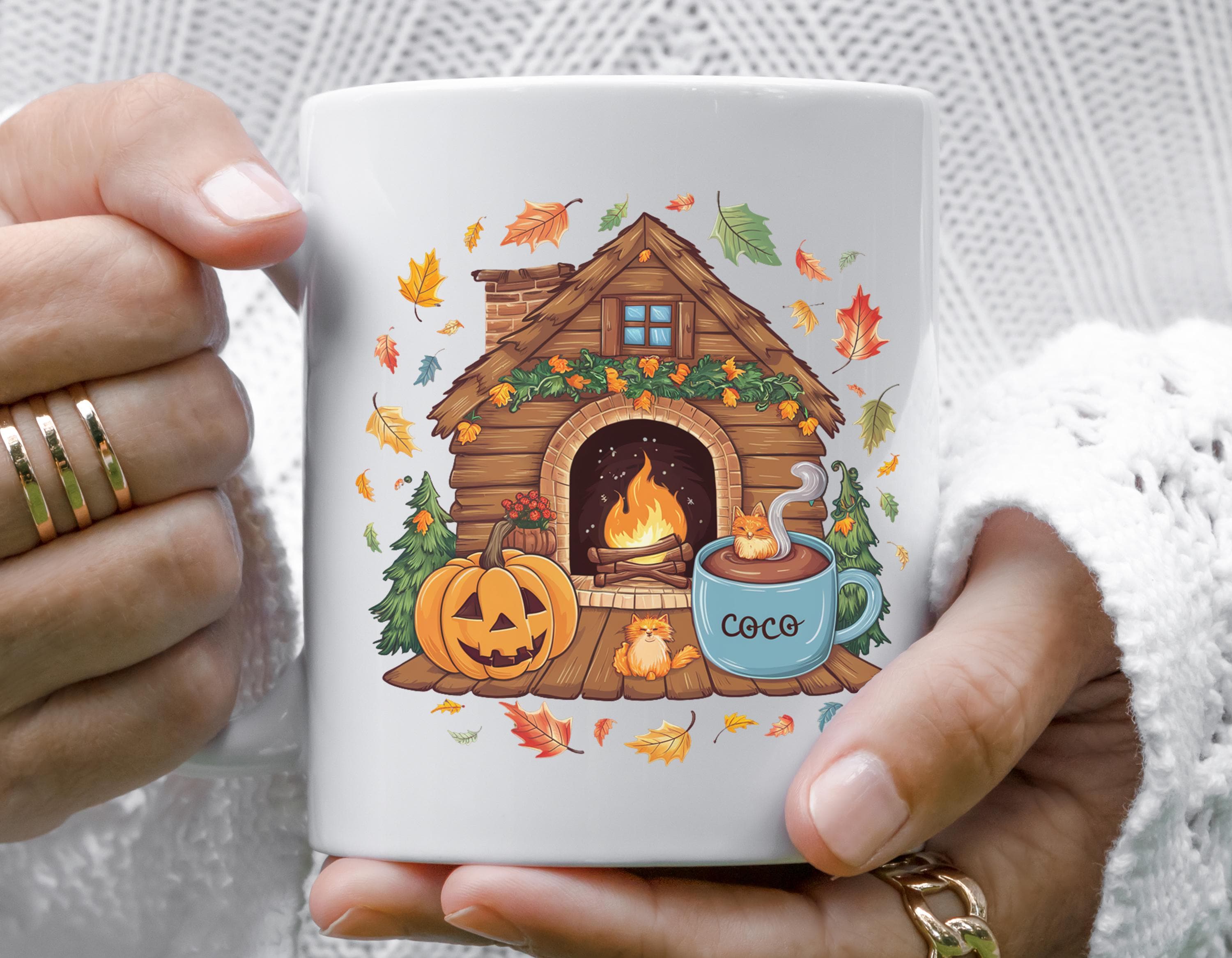 Cozy Cabin Fall Mug with Pumpkin and Cat | Autumn Hot Cocoa Coffee Cup | Cute Halloween Decor Gift Idea
