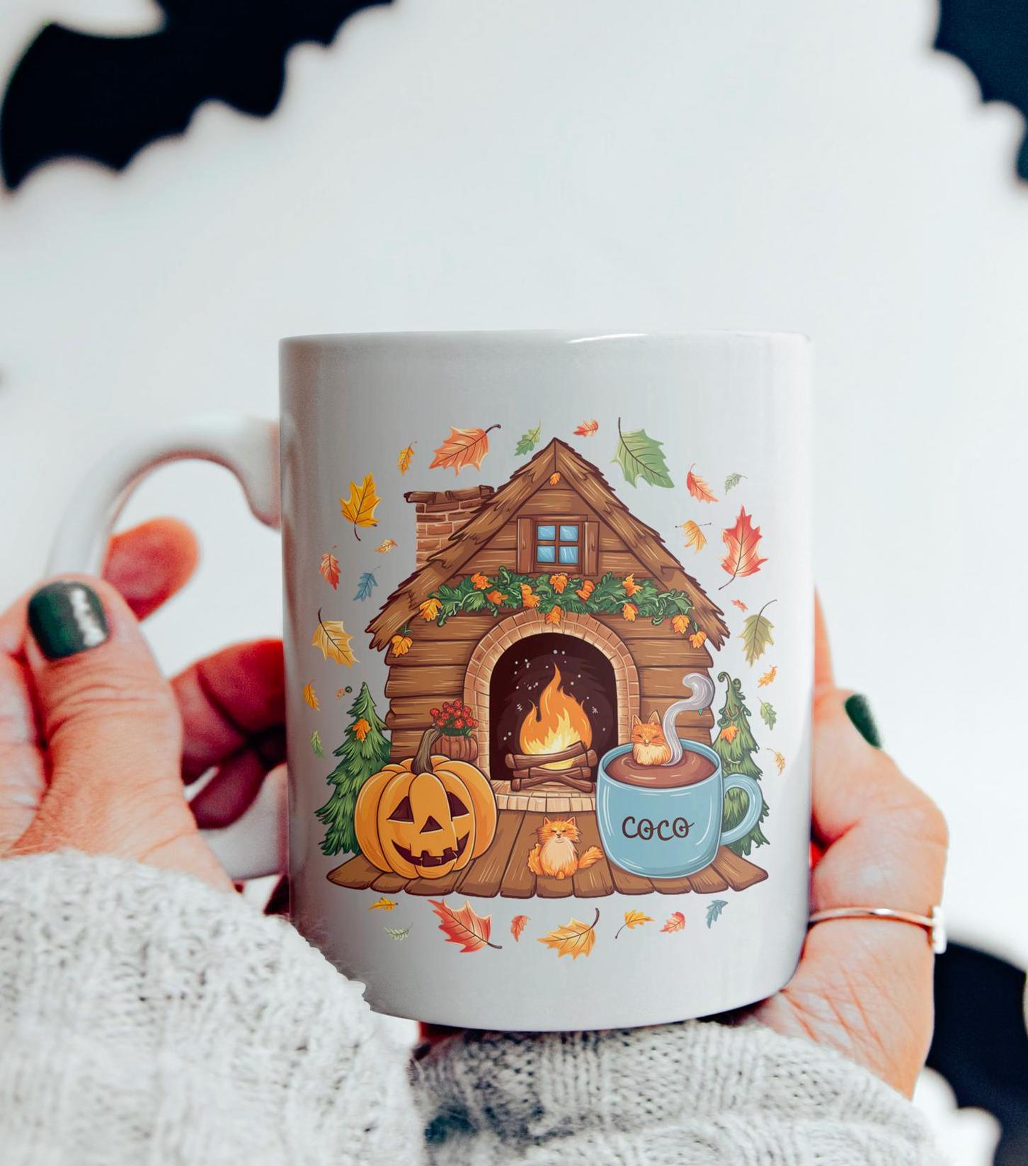 Cozy Cabin Fall Mug with Pumpkin and Cat | Autumn Hot Cocoa Coffee Cup | Cute Halloween Decor Gift Idea