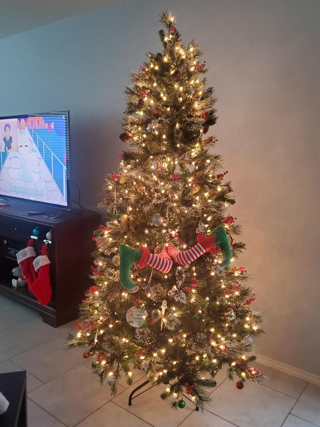 Christmas Tree Elf Legs Decoration – Funny Holiday Ornament for Xmas Tree Decor, Striped Elf Leg Insert, Whimsical Indoor Decoration