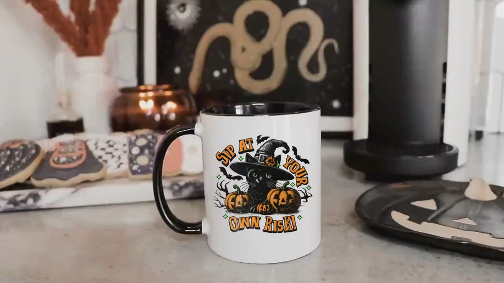 Spooky Cat Fall Halloween Mug - Halloween Coffee Decor Gift - Black Cat Mug for Autumn & Halloween Decorations - Cats Lover